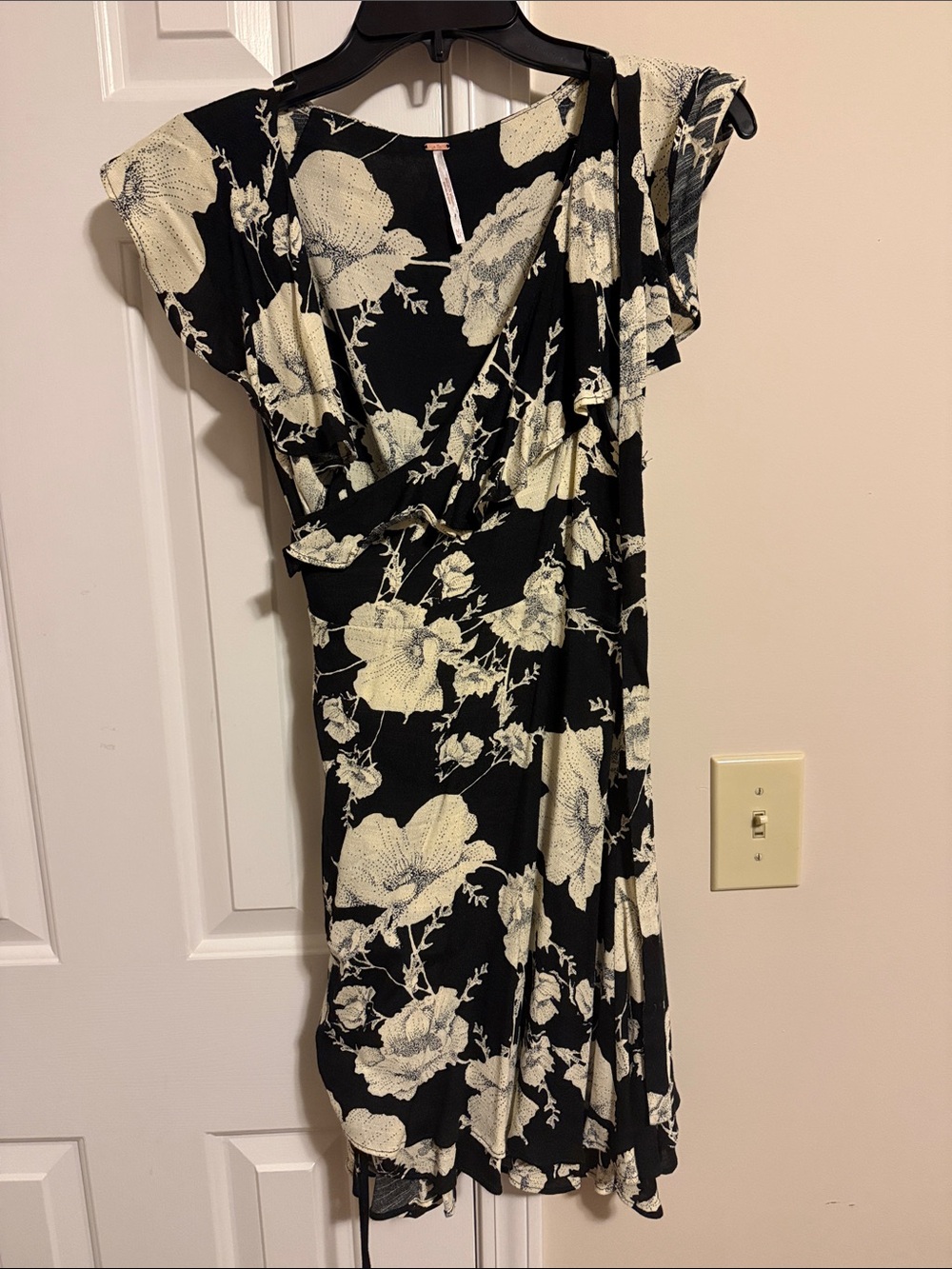 Free People Black Midi Wrap Dress with Cream Floral Print